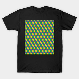 Cube Optical Illusion Pattern - Green/Yellow/Blue T-Shirt